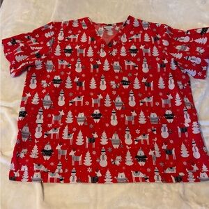 Holiday Themed Red Scrub Top